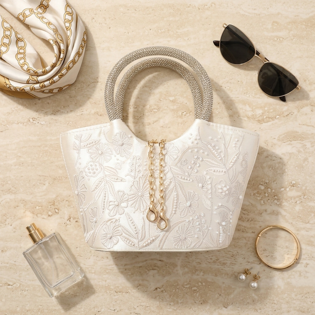 Embroidered Rhinestone-Handle Evening Handbag – Beige