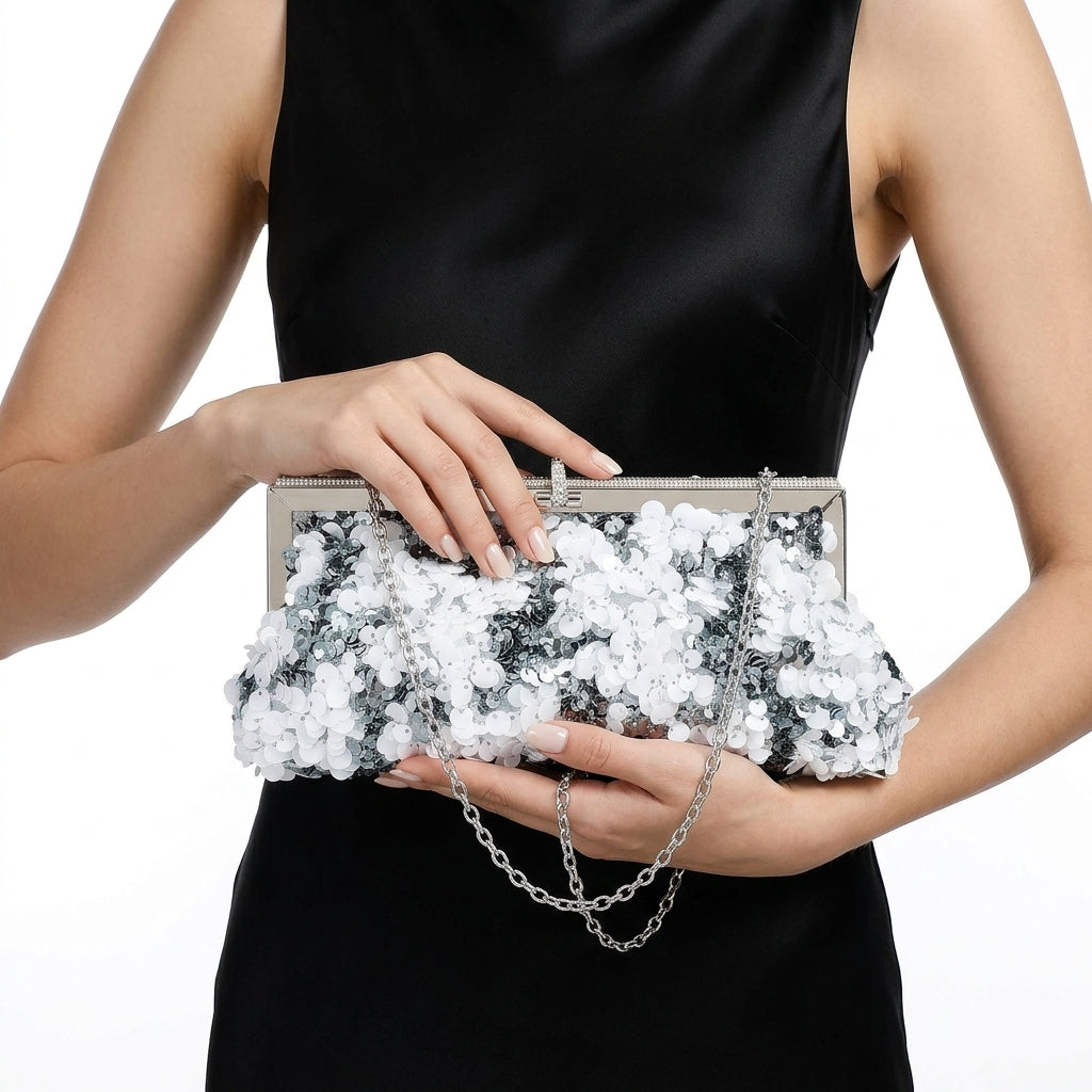 Floral Sequin Frame Clutch Bag – Silver