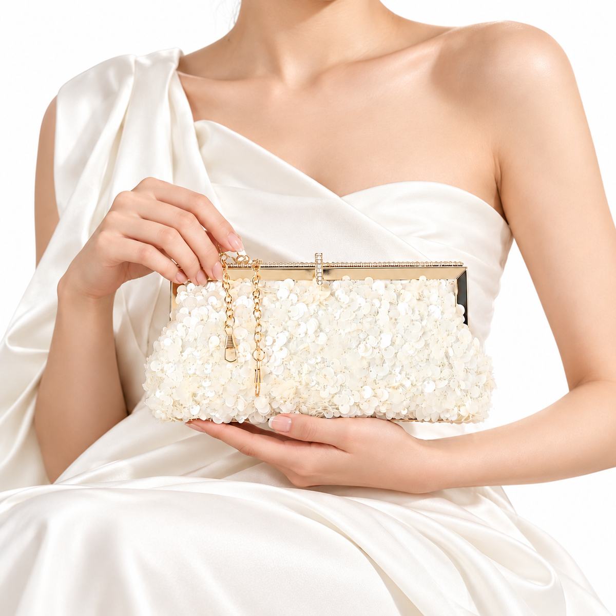 Floral Sequin Frame Clutch Bag – Off White