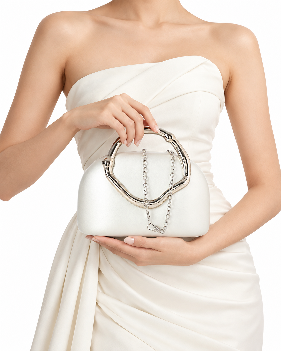 Sculptural Metal Handle Evening Clutch Bag – Silver