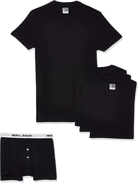 Cotton Solid V-Neck T-Shirt Set of 4 with Free Boxer – Black