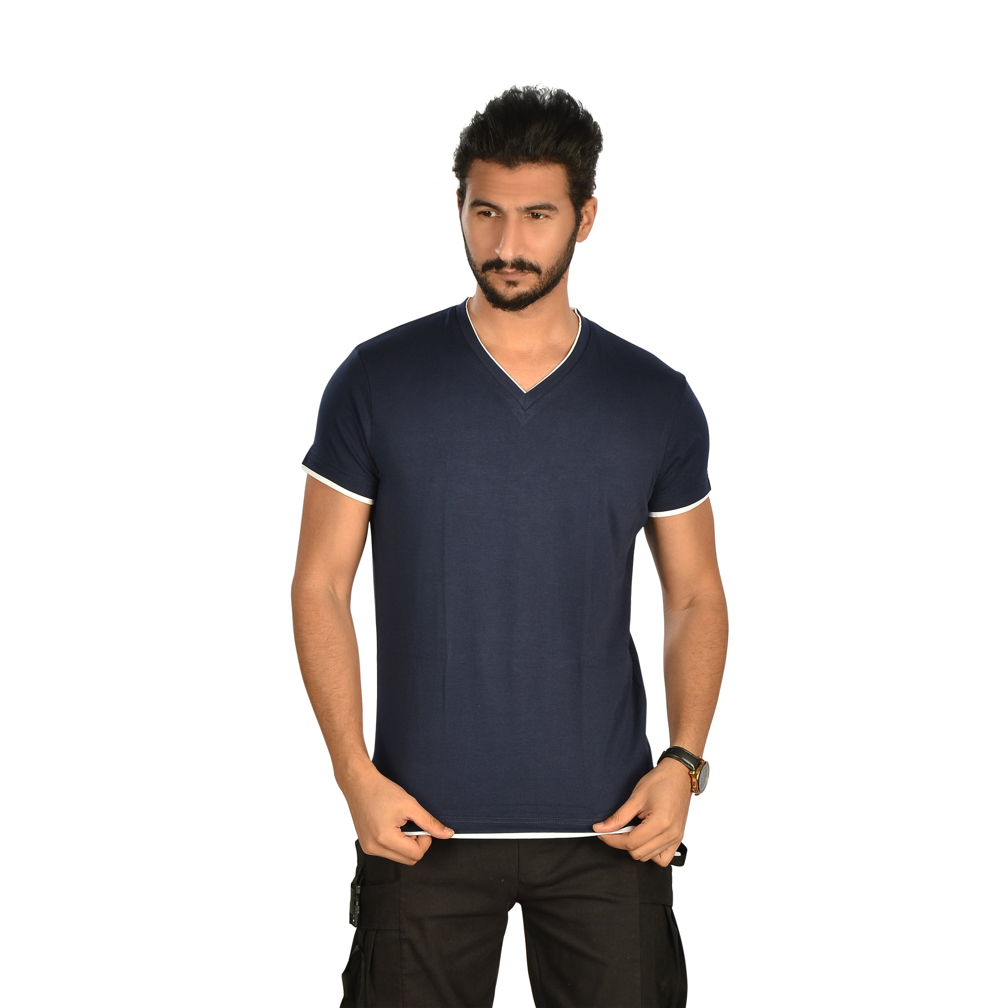 Cotton Solid V-Neck T-Shirt – Navy Blue
