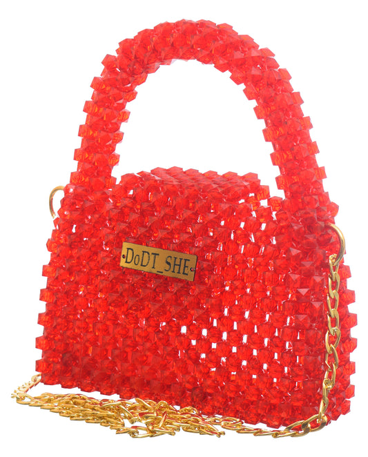 Red Rectangular Bag with Long Gold Handle
