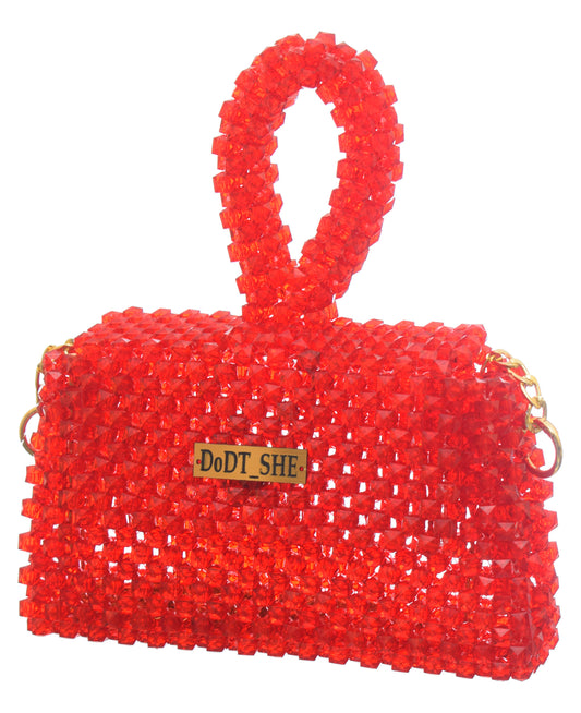 Red Rectangular Bag with Long Gold Handle