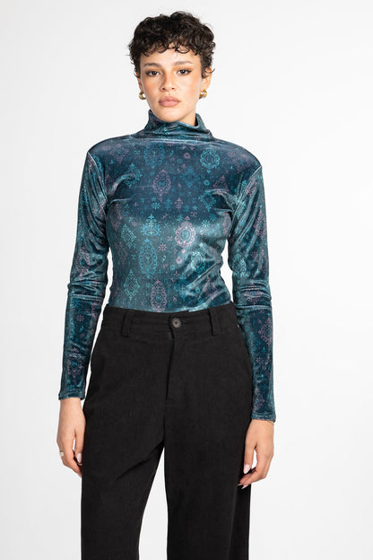Velvet Printed Turtleneck Top – Teal