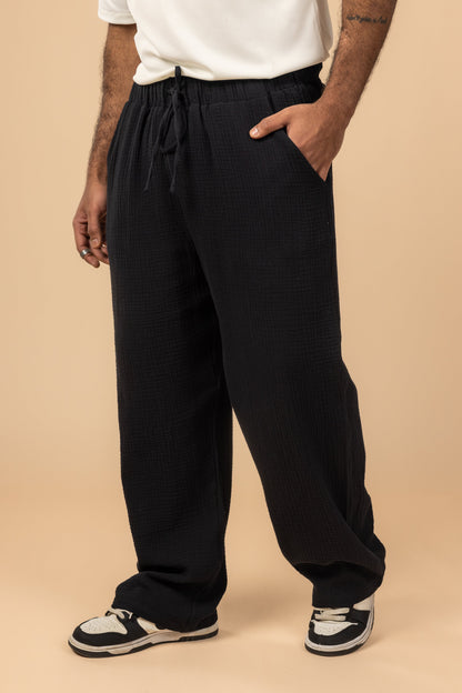 Wide Leg Cotton Pants - Black