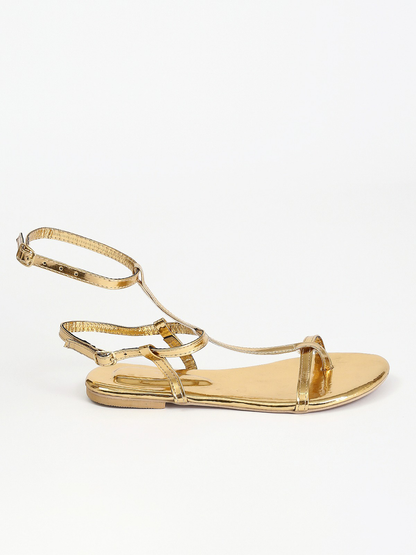 Leather Double Buckle Flat Sandals - Gold