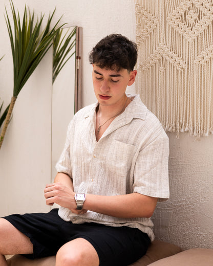 Linen Textured Short Sleeve Shirt - Beige