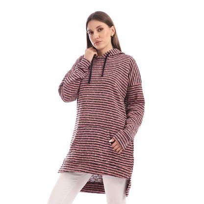 High-Low Striped Fleece Knitted Hoodie