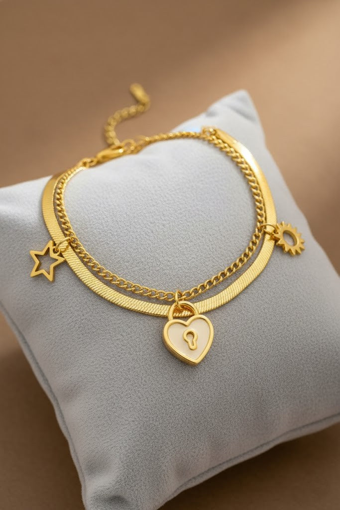 Stainless Steel Double Layer Star, Heart & Sun Charm Bracelet – Gold