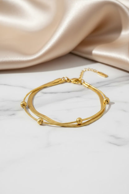Stainless Steel Double Layer Flat Chain Beaded Bracelet – Gold