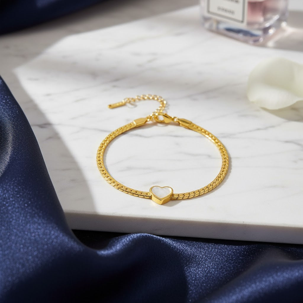 Stainless Steel Snake Chain White Heart Charm Bracelet – Gold