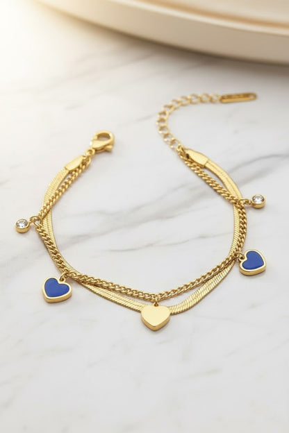Stainless Steel Layered Hearts & Enamel Bracelet – Gold