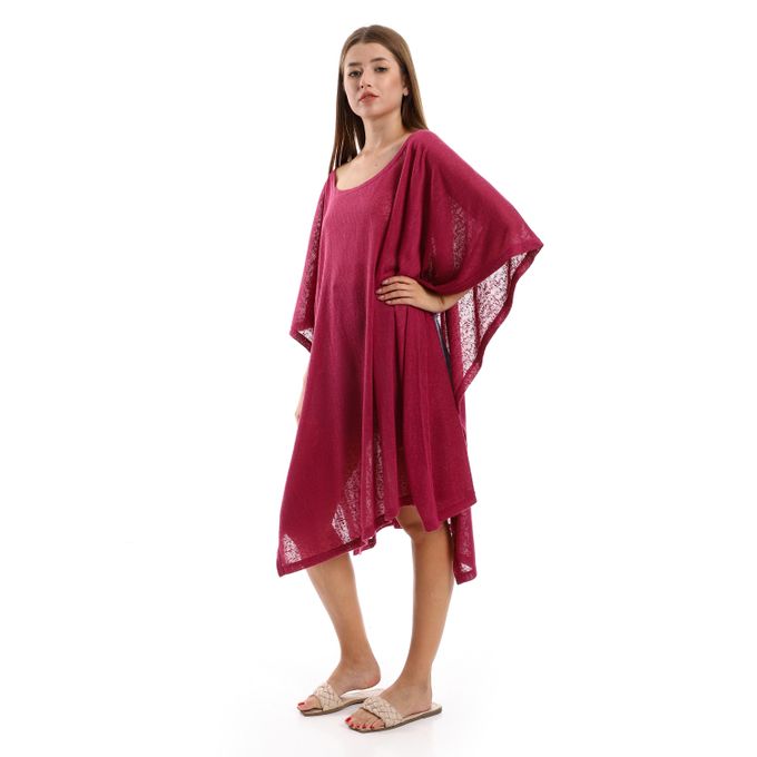 Knitted Deep Round Batwing Sleeves Cover-Up