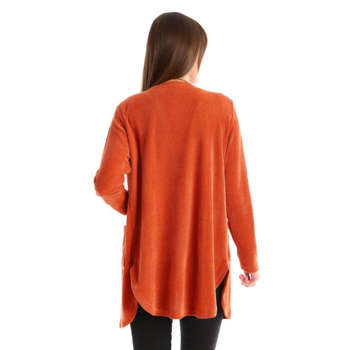 Side Pockets Open Neckline Burnt  Cardigan