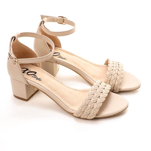 Faux Leather Braided Block Heel Sandal - Light Beige