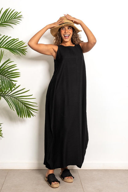 Cotton Lycra Long Linen Dress – Black