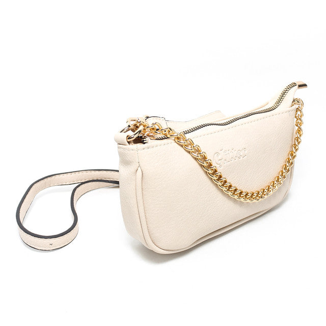 Faux Leather Chain Crossbody Handbag – Beige