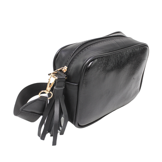 Faux Leather Crossbody Handbag - Black