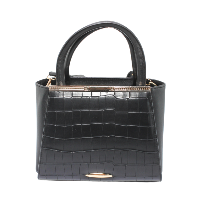 Faux Leather Croc-Embossed Hand bag - Black