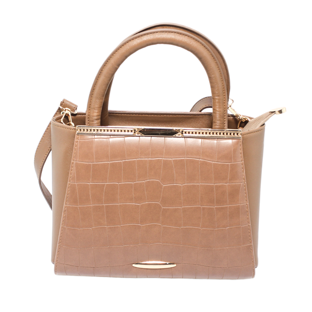 Faux Leather Croc-Embossed Hand bag - Light Brown