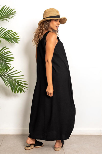 Cotton Lycra Long Linen Dress – Black