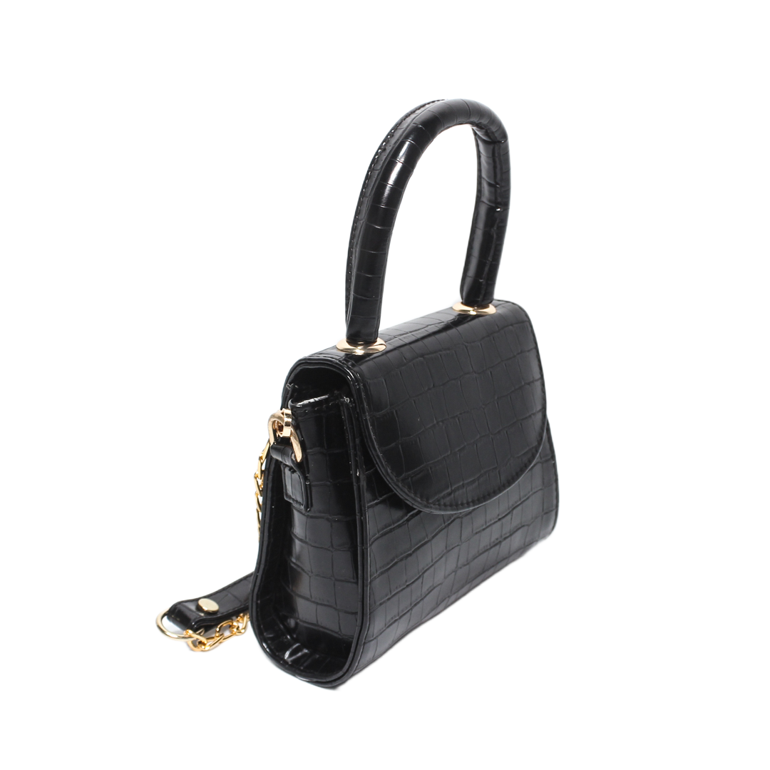 Faux Leather Croc Pattern Handbag - Black