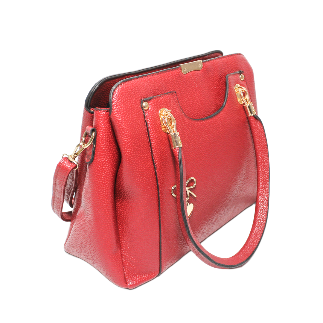 Faux Leather Textured Handbag - Burgundy