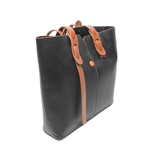 Faux Leather Solid Top-Handle Tote Bag - Black