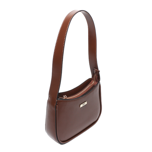 Faux Leather Plain Shoulder Bag – Brown