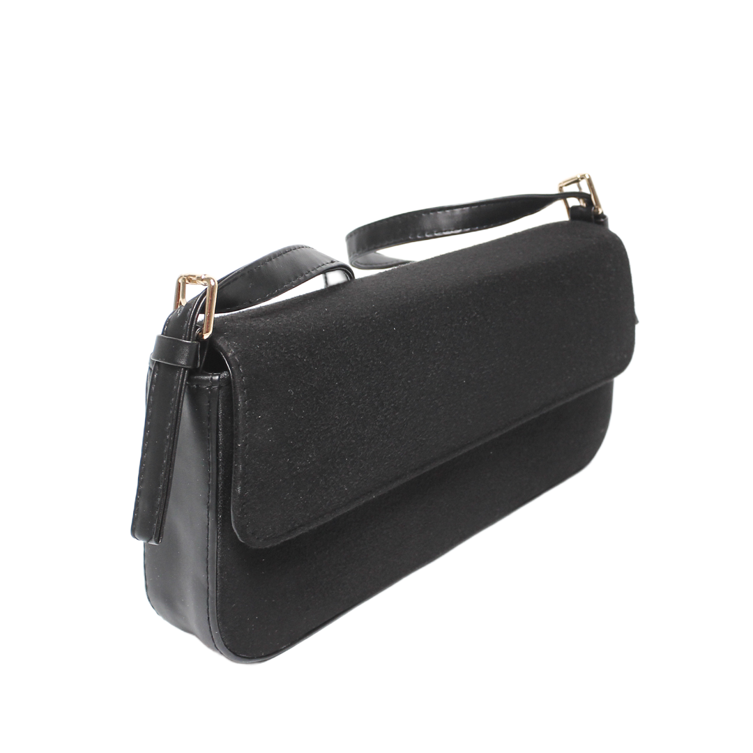 Faux Leather Textured Shoulder Bag – Black