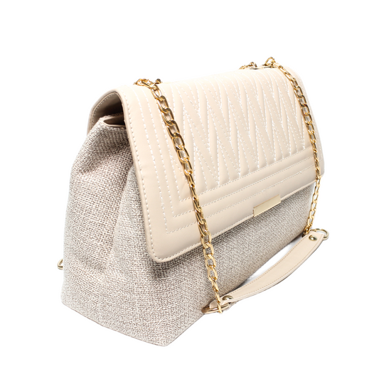 Faux Leather & Woven Fabric Shoulder Bag – Beige