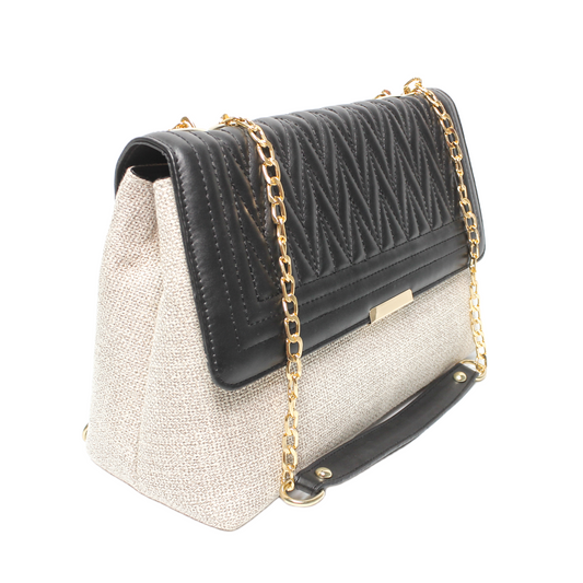 Faux Leather & Woven Fabric Shoulder Bag – Black