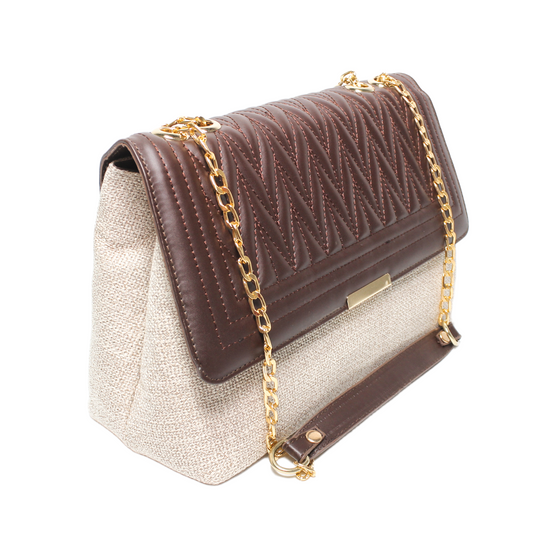 Faux Leather & Woven Fabric Shoulder Bag – Brown