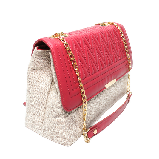 Faux Leather & Woven Fabric Shoulder Bag – Burgundy