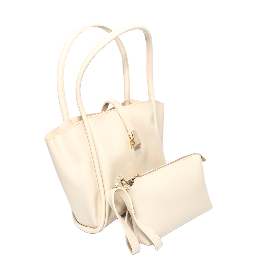 Faux Leather Solid Tote Bag Set – Beige