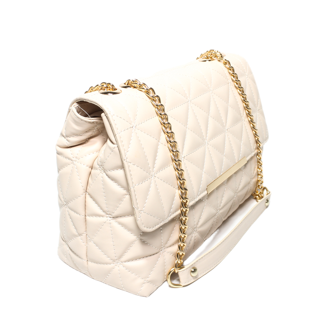 Quilted Chain Cross Bag - Beige