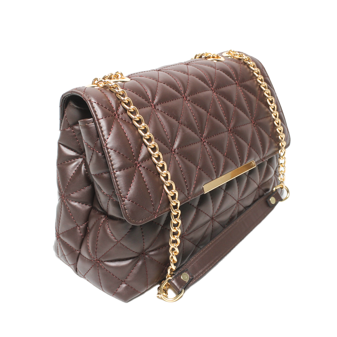 Quilted Chain Cross Bag - Brown