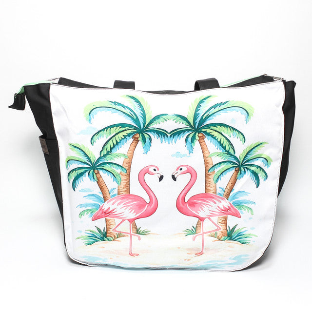 Flamingo Palm Print Canvas Beach Tote - Multicolor