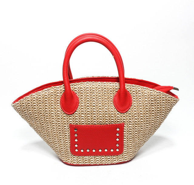 Contrast Trim Woven Hand Bag - Red