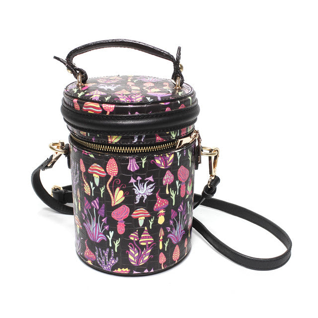 Botanical Print Barrel Crossbody Bag - Black