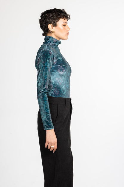 Velvet Printed Turtleneck Top – Teal