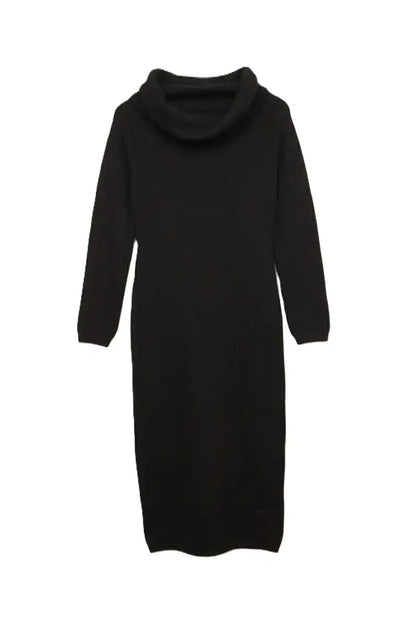 Polyester Plain Off-Shoulder Midi Dress – Black