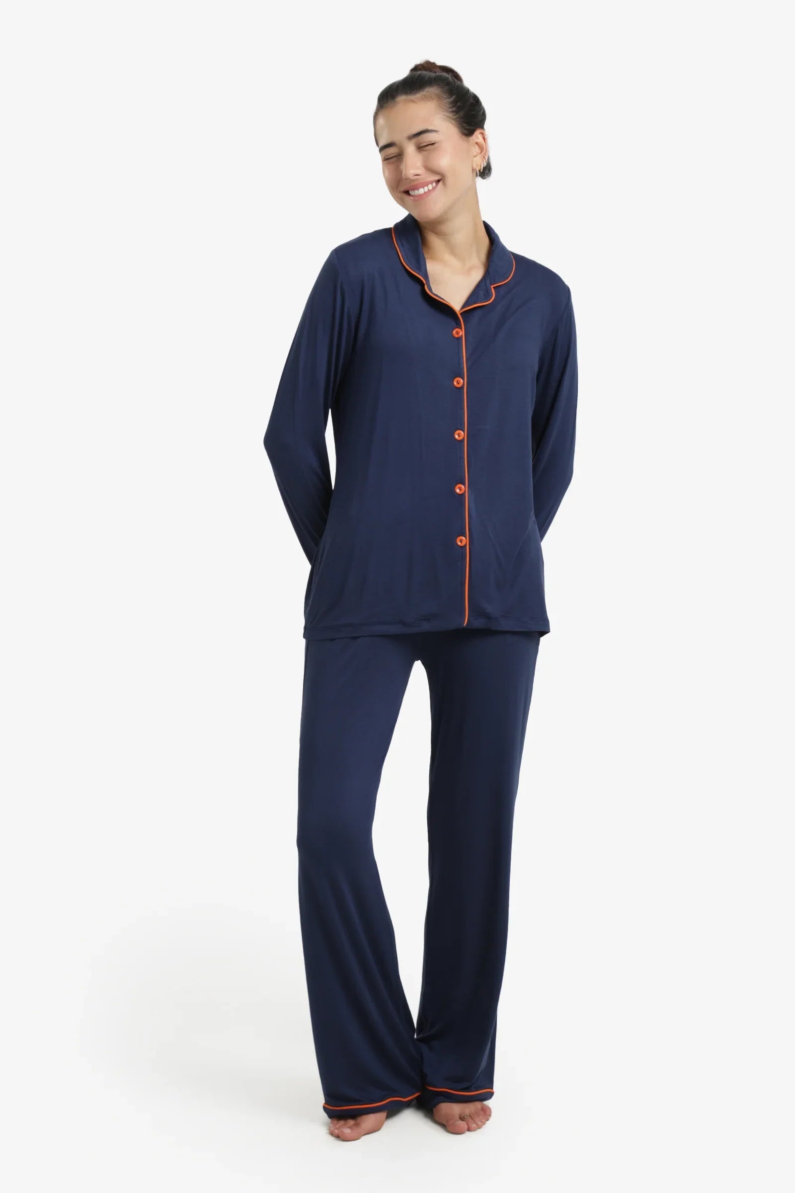 Solid Contrast Piping Pajama Set – Navy