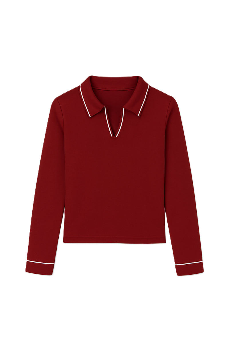 Polyamide V-Collared Long Sleeve Polo – Light Burgundy