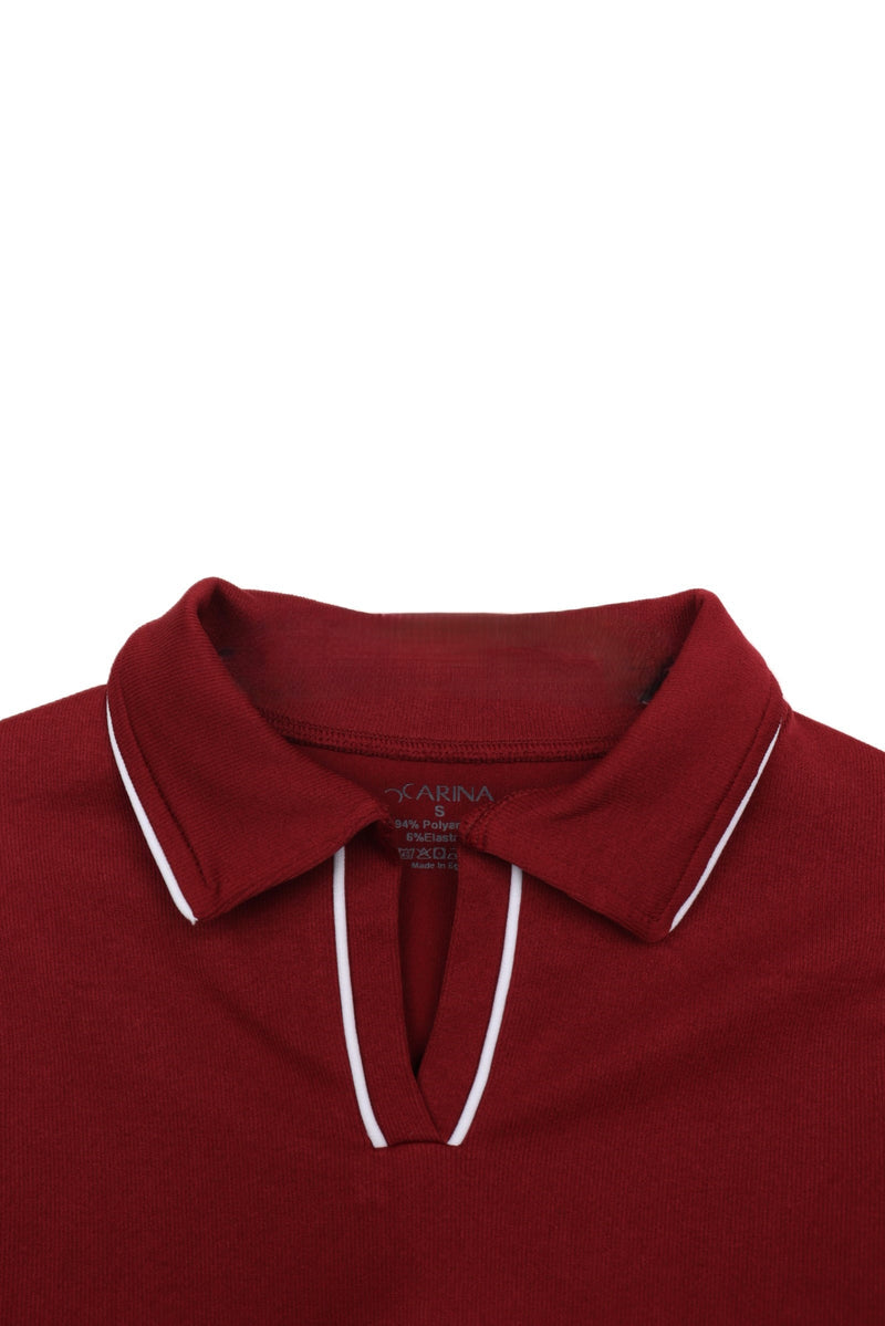 Polyamide V-Collared Long Sleeve Polo – Light Burgundy
