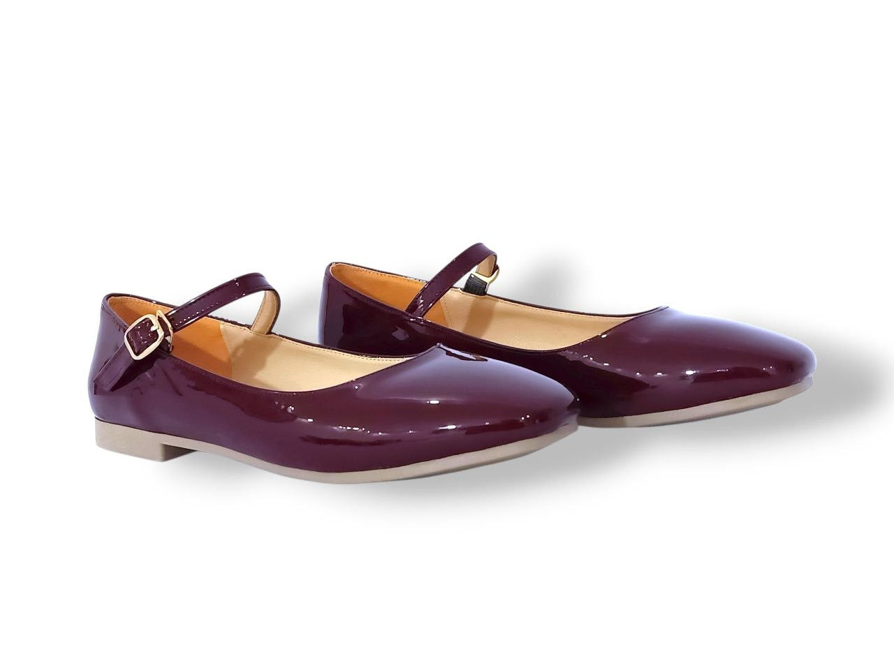 Mary Jane Buckle Leather Ballerina Flats – Burgundy