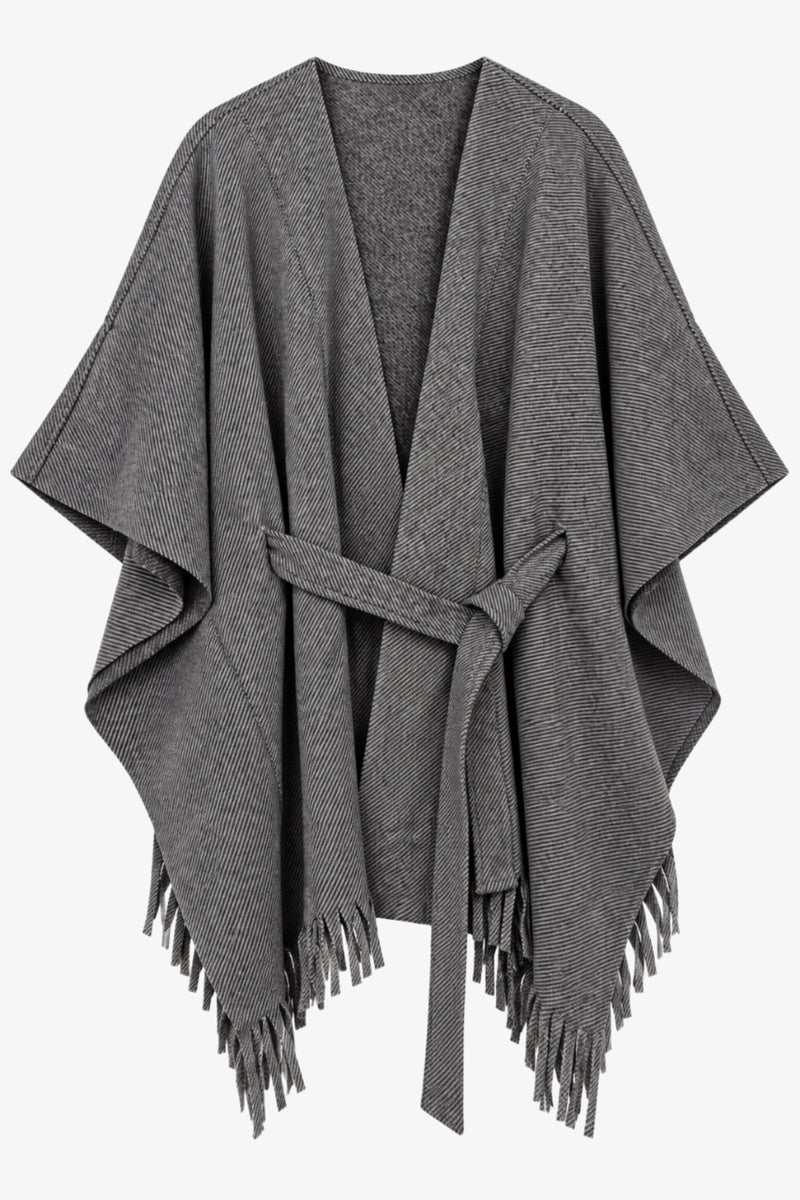 Textured Fringed Self-Tie Knit Poncho – Grey