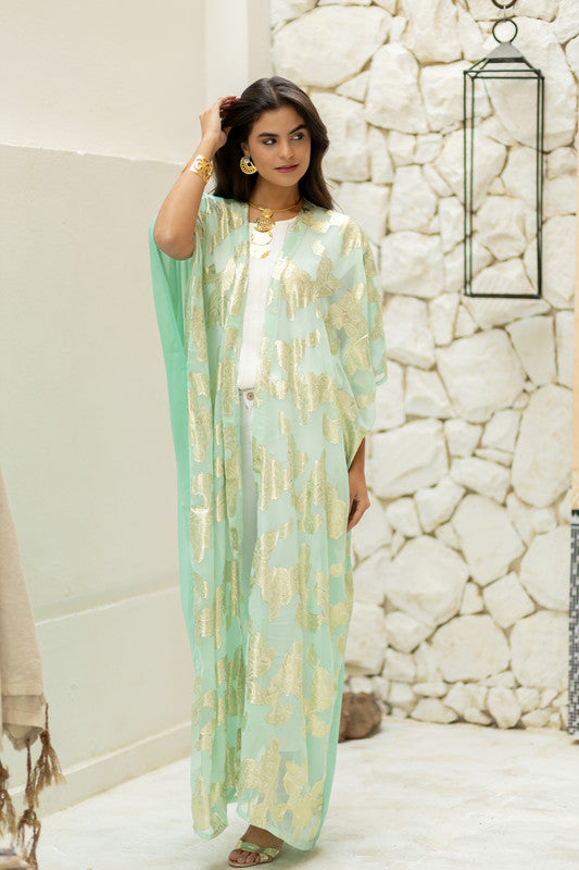 Indian Chiffon Embroidered Kimono - Mint