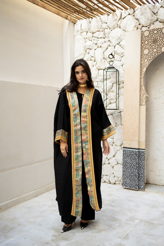 Indian Fabric Trim Linen Kaftan – Black
